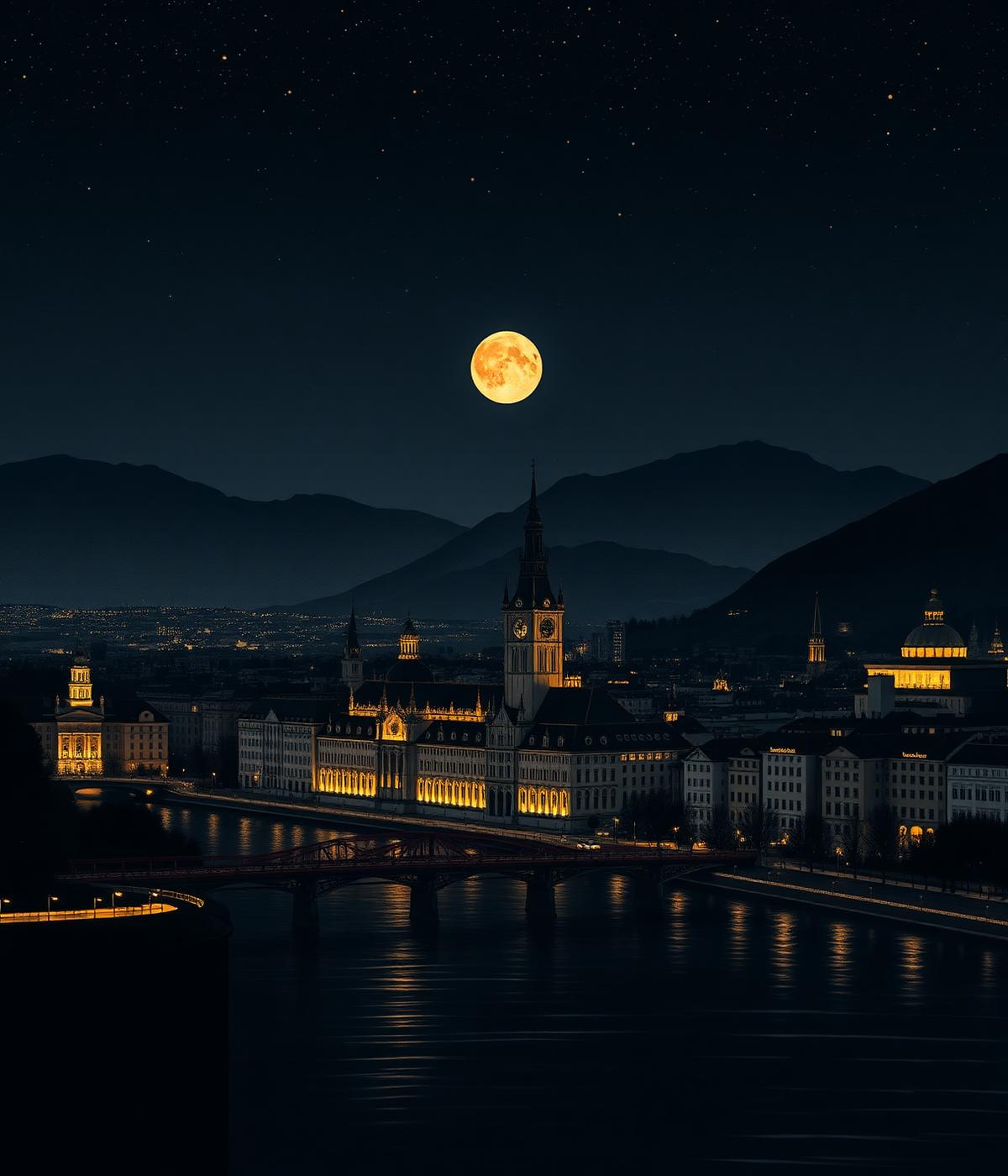 Zürich bei Nacht — Silhouette der Grossmünster-Türme und Alpen